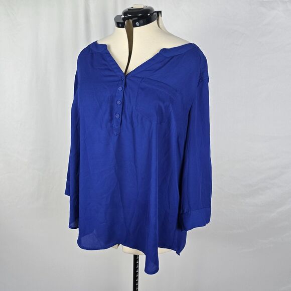Torrid Blouse Women's 2X Blue V-Neck 1/4 Button Up Long Roll Tab Sleeves Ruffle - Picture 10 of 15